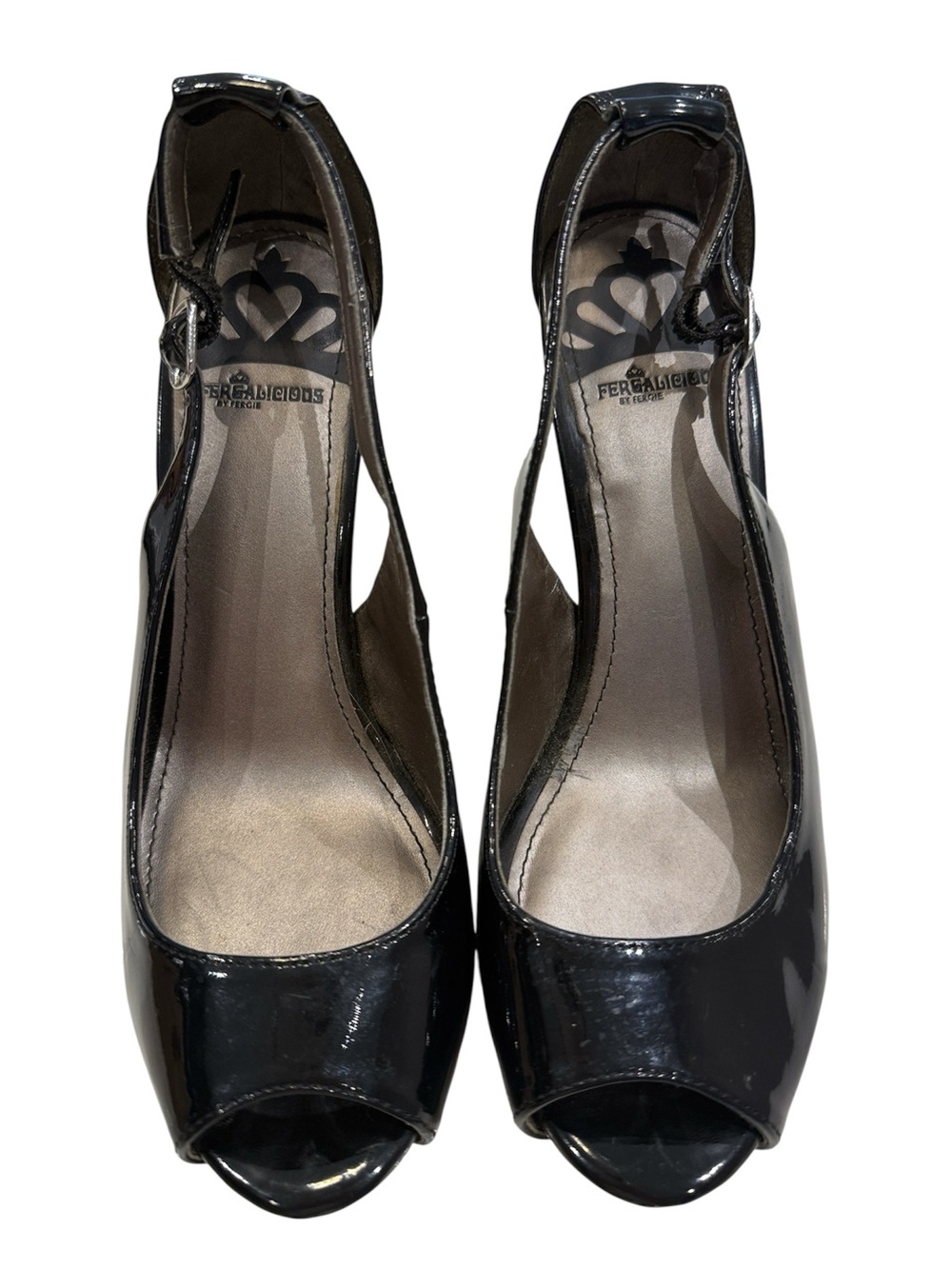 Fergus Black Patent Peep-Toe Ankle-Strap Heels with Cutout Sides
